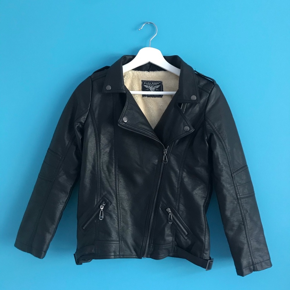 Zaia Kids Black Leather Faux Fur Lined Moto Jacket